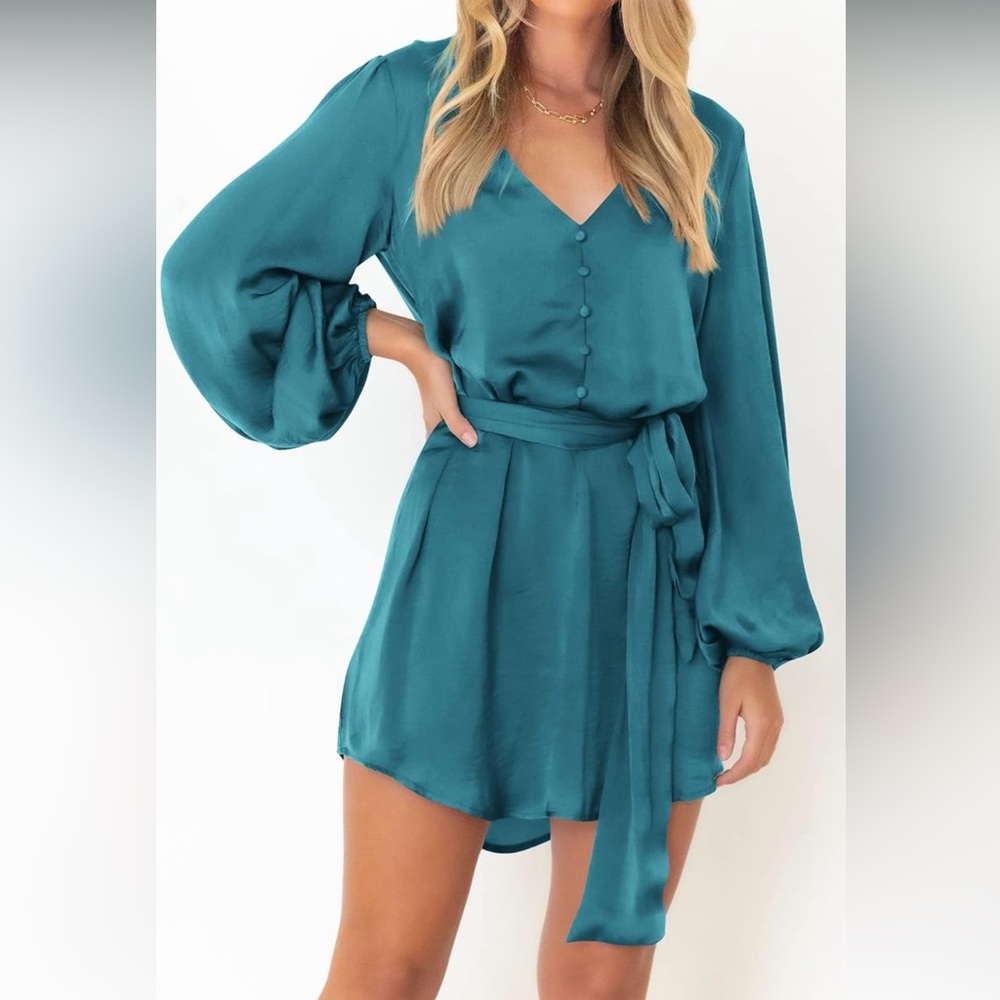 Long Puff Sleeve Satin Belted Cocktail Mini Dresses - Picture 1 of 5